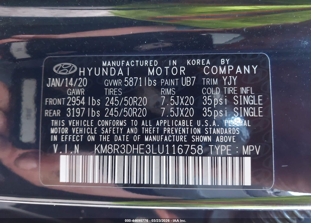 2020 HYUNDAI PALISADE SEL VIN: KM8R3DHE3LU116758