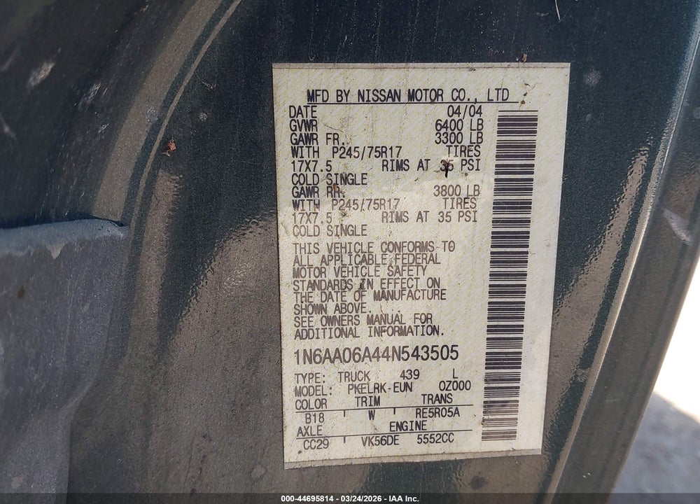 2004 NISSAN TITAN XE VIN: 1N6AA06A44N543505