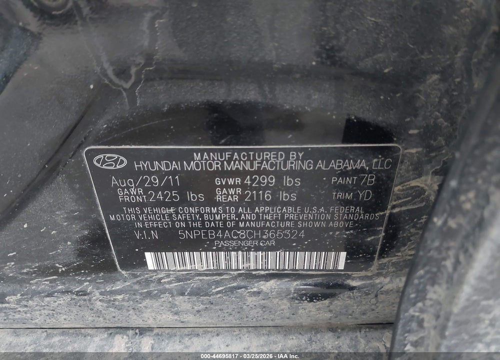 2012 HYUNDAI SONATA GLS VIN: 5NPEB4AC8CH365324