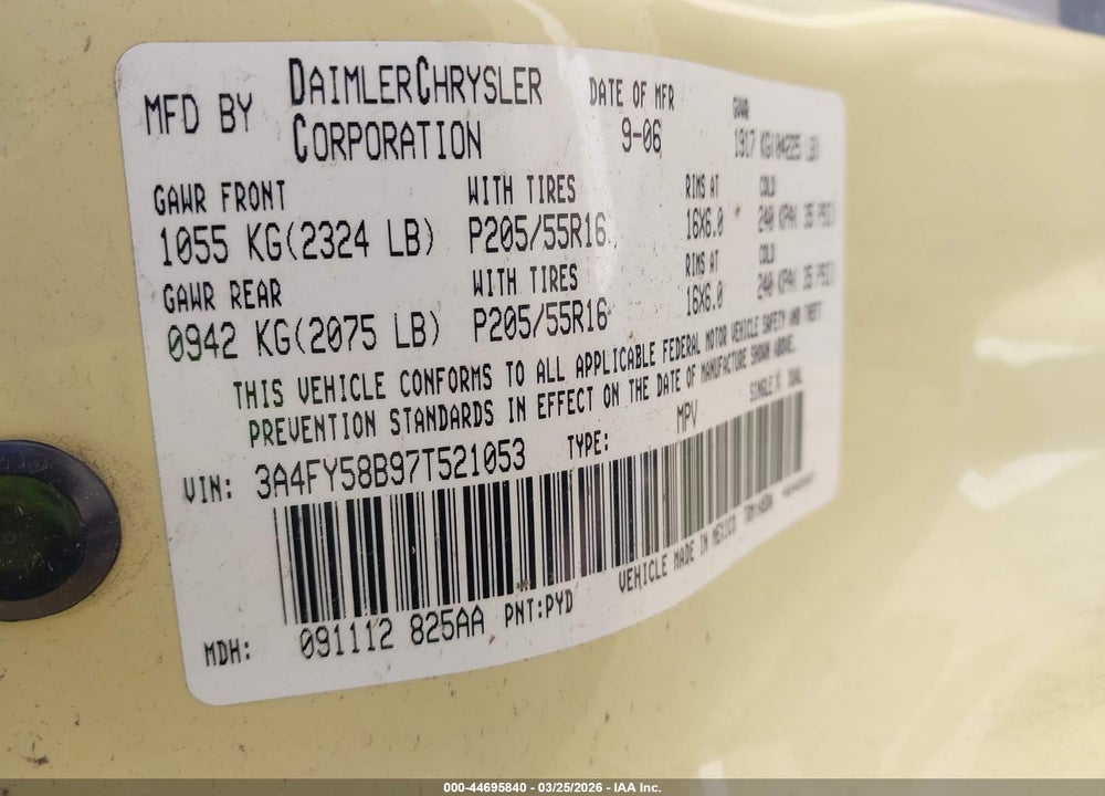 2007 CHRYSLER PT CRUISER TOURING VIN: 3A4FY58B97T521053