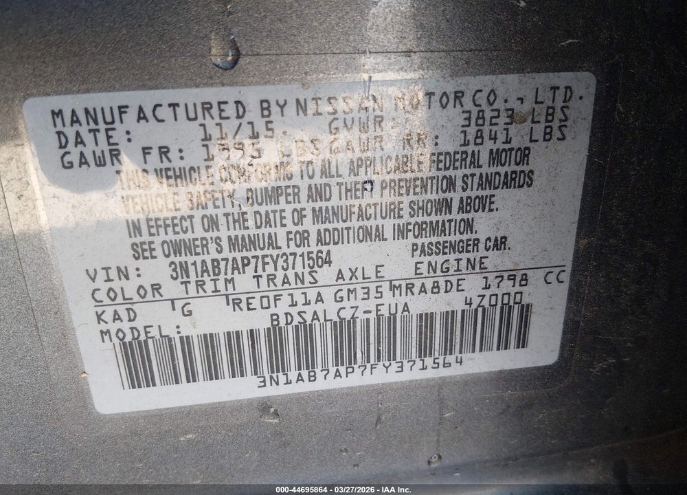 2015 NISSAN SENTRA S VIN: 3N1AB7AP7FY371564