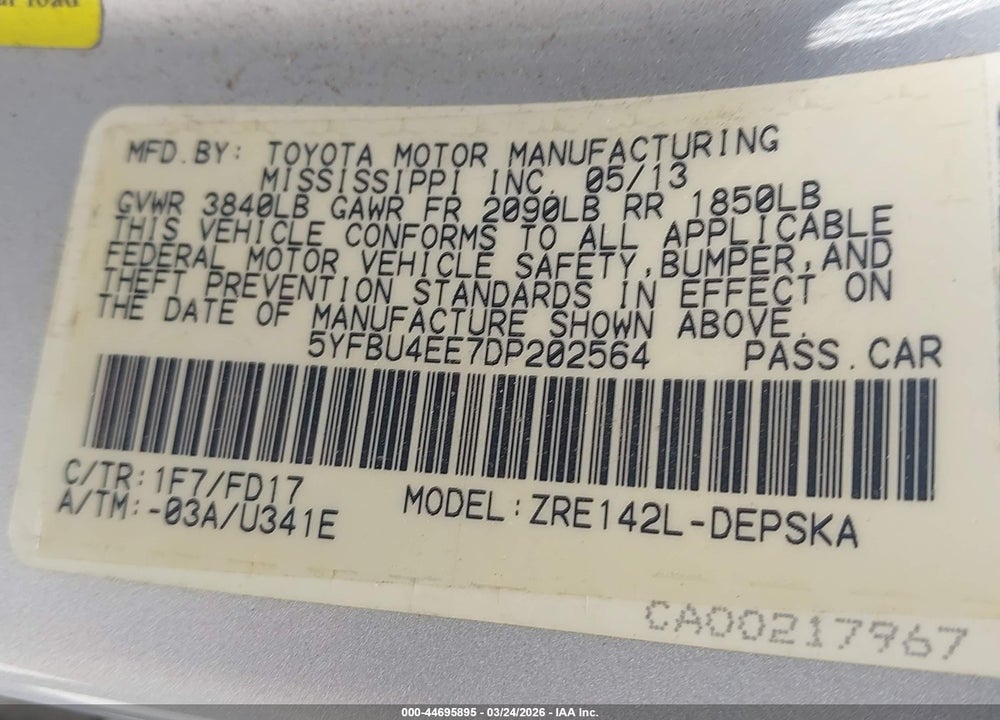 2013 TOYOTA COROLLA S VIN: 5YFBU4EE7DP202564