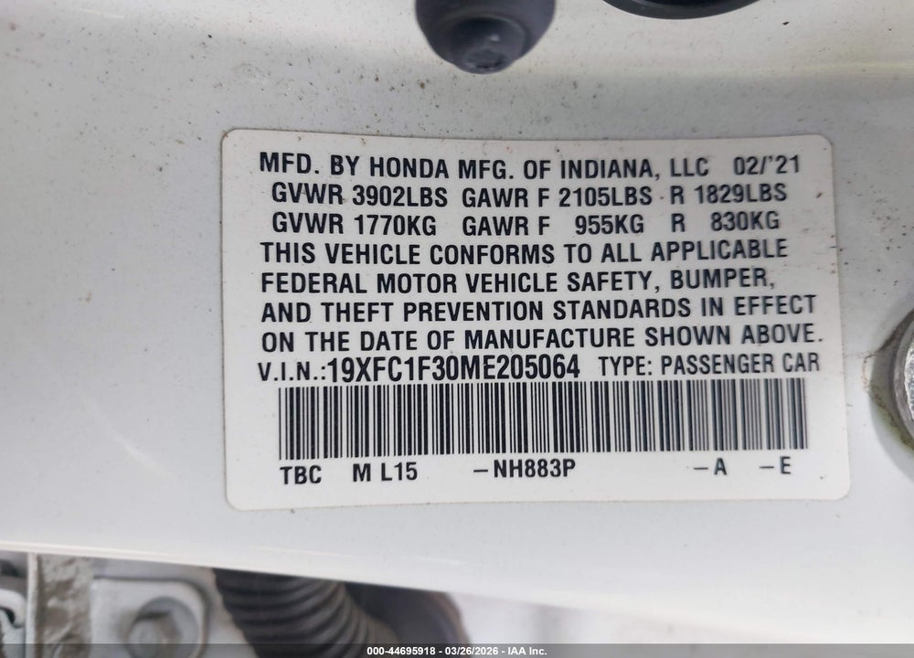 2021 HONDA CIVIC EX VIN: 19XFC1F30ME205064