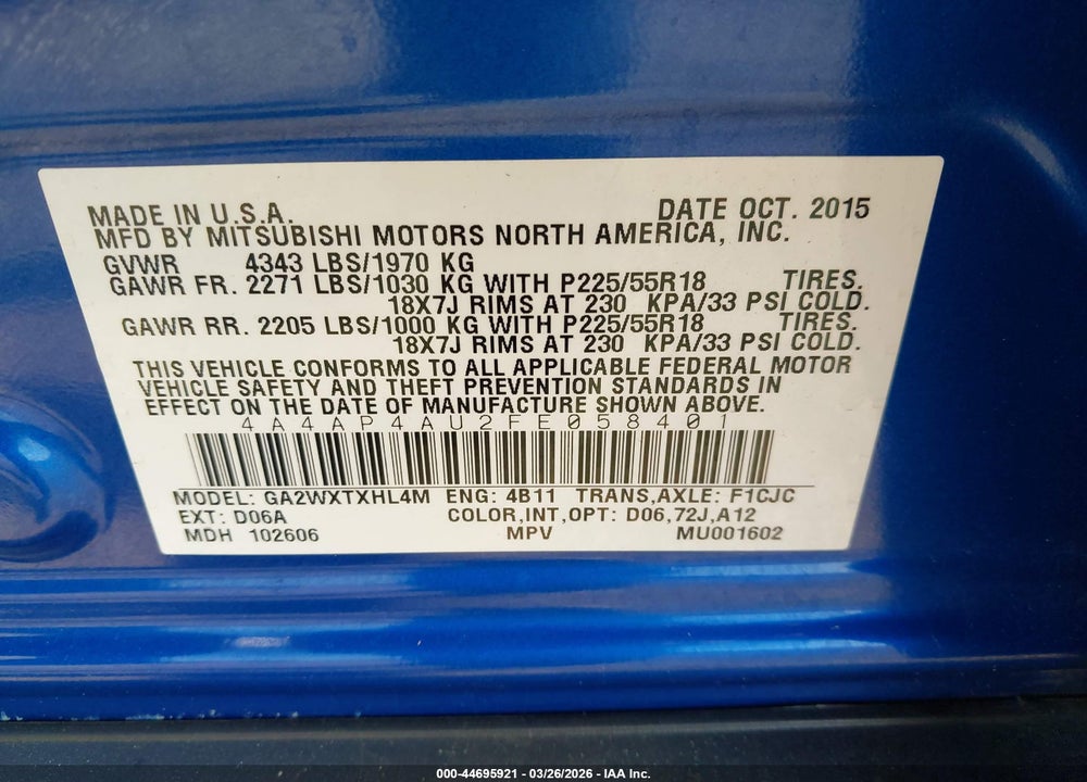 2015 MITSUBISHI OUTLANDER SPORT SE VIN: 4A4AP4AU2FE058401