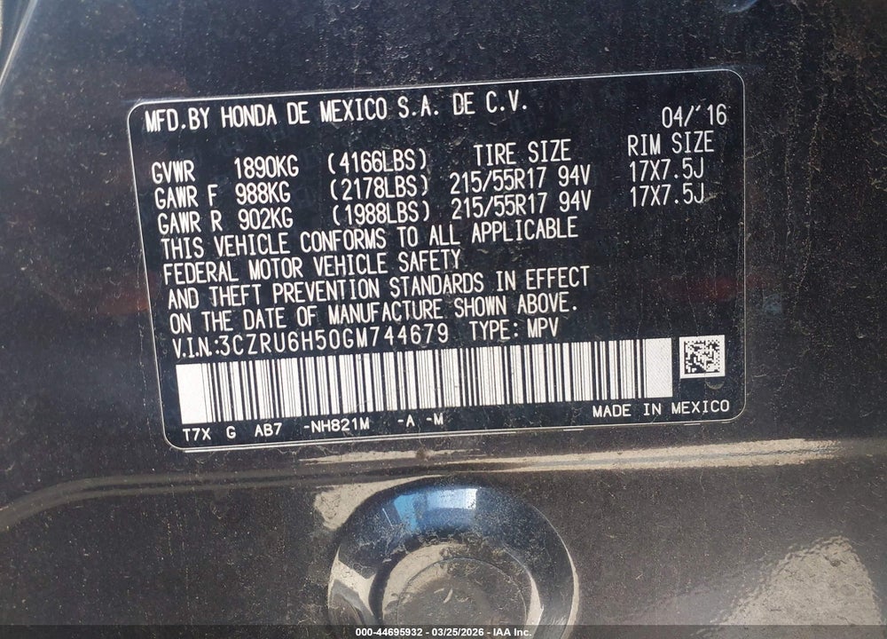 2016 HONDA HR-V EX VIN: 3CZRU6H50GM744679