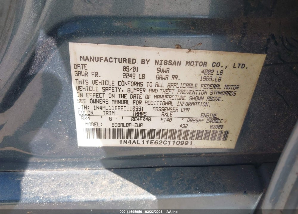 2002 NISSAN ALTIMA 2.5 S VIN: 1N4AL11E62C110991