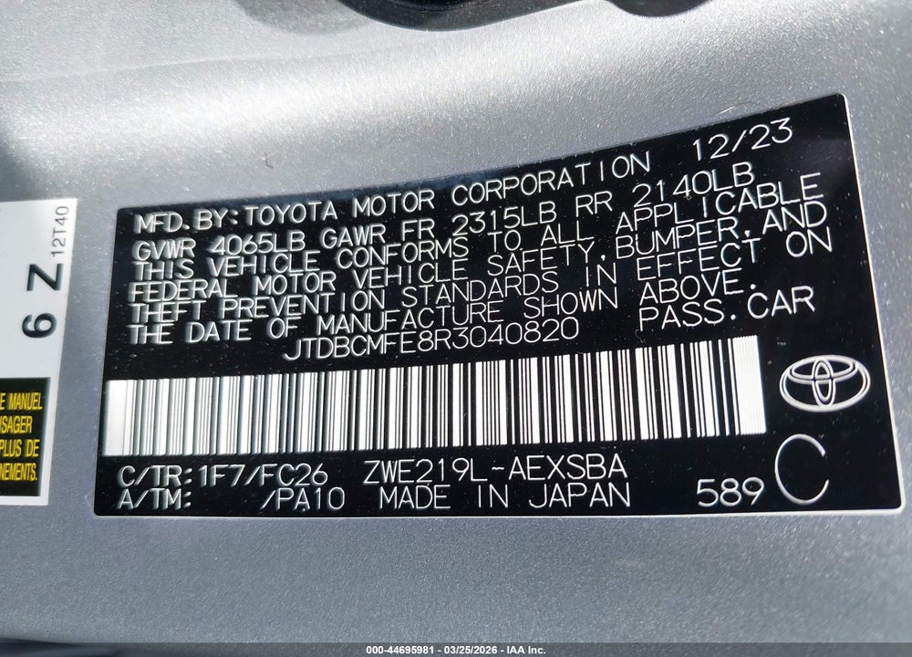 2024 TOYOTA COROLLA HYBRID SE VIN: JTDBCMFE8R3040820