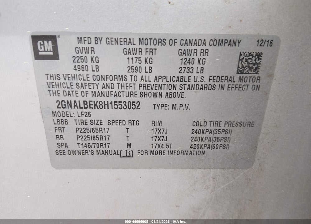 2017 CHEVROLET EQUINOX LS VIN: 2GNALBEK8H1553052