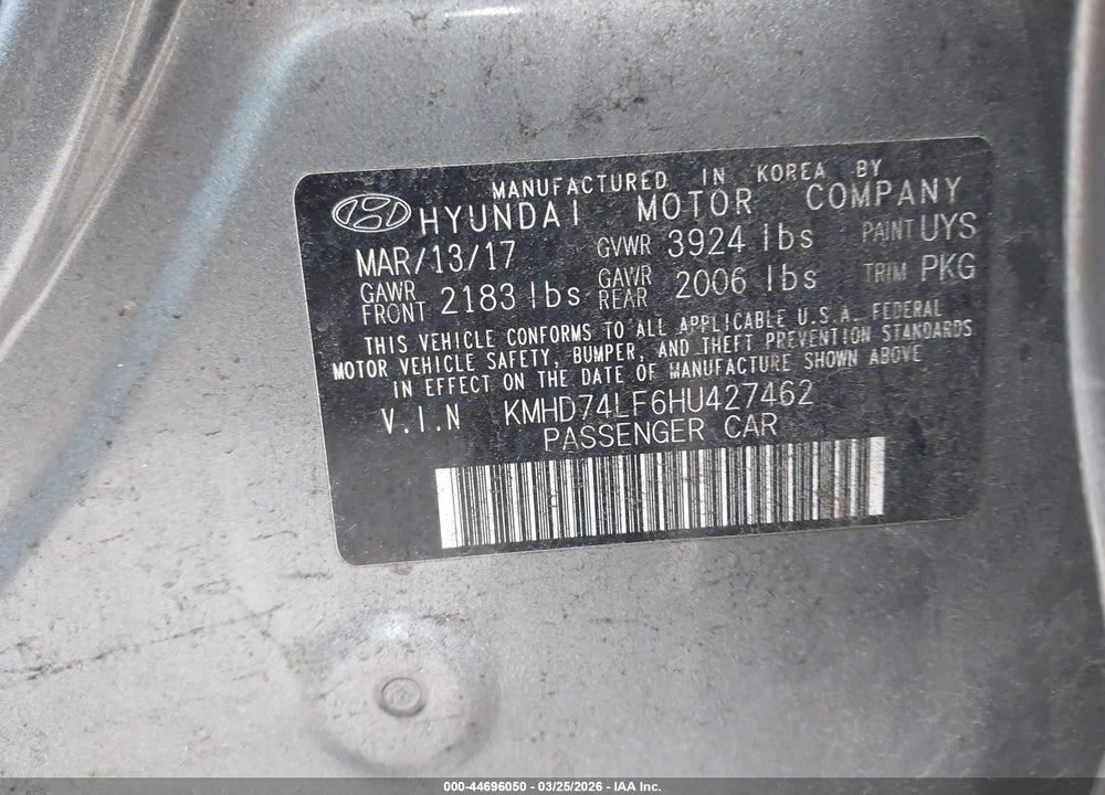 2017 HYUNDAI ELANTRA SE VIN: KMHD74LF6HU427462