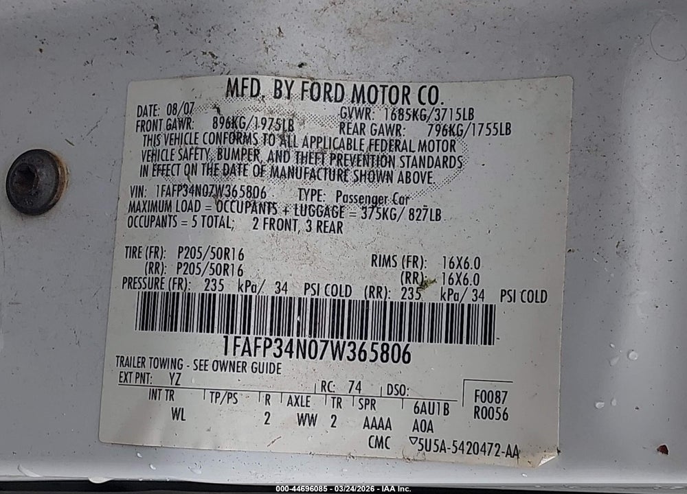 2007 FORD FOCUS S/SE/SES VIN: 1FAFP34N07W365806
