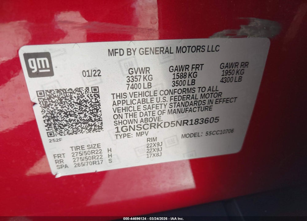 2022 CHEVROLET TAHOE 2WD RST VIN: 1GNSCRKD5NR183605