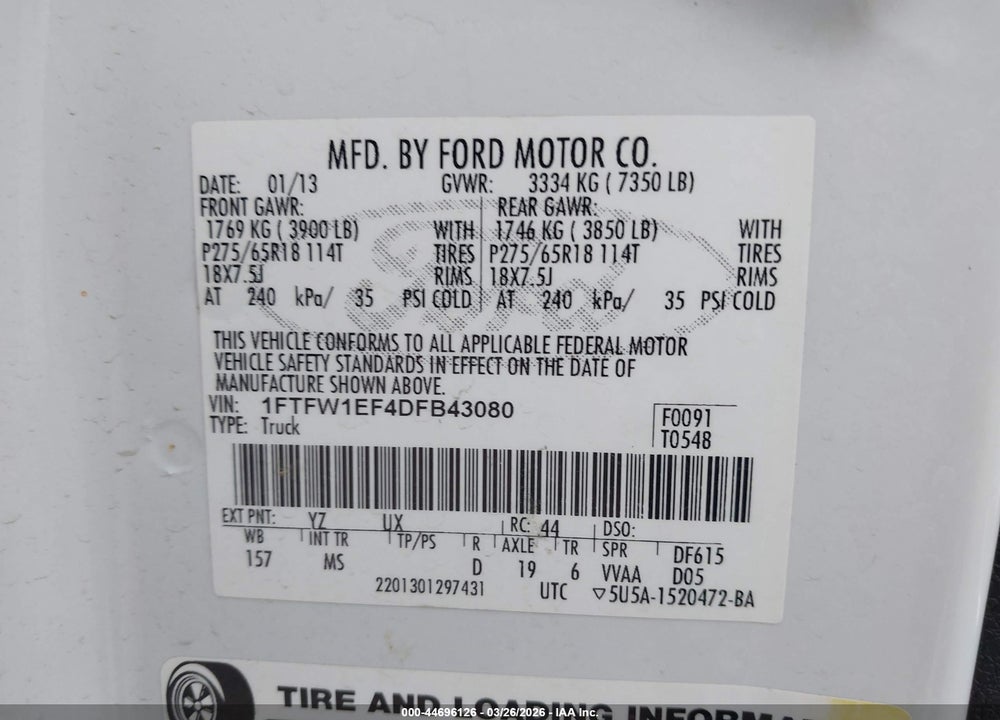 2013 FORD F-150 XLT VIN: 1FTFW1EF4DFB43080