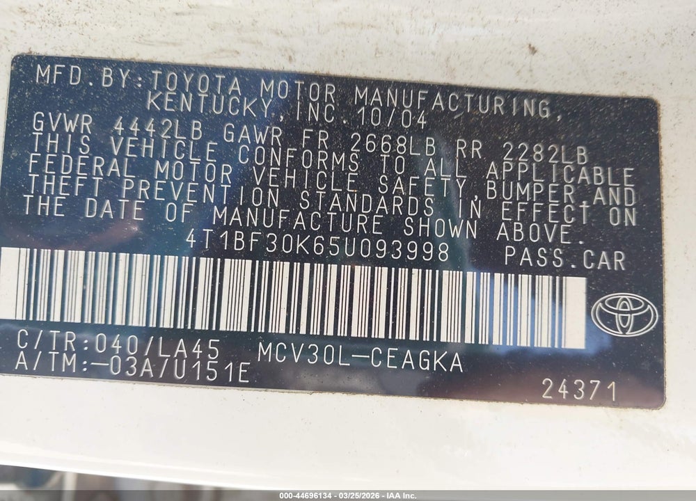 2005 TOYOTA CAMRY XLE V6 VIN: 4T1BF30K65U093998