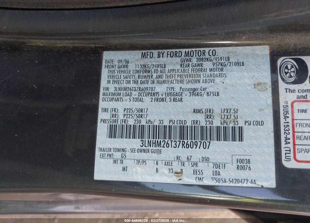2007 LINCOLN MKZ VIN: 3LNHM26T37R609707