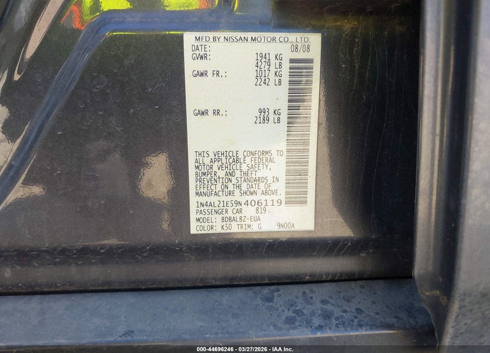 2009 NISSAN ALTIMA 2.5 S VIN: 1N4AL21E59N406119