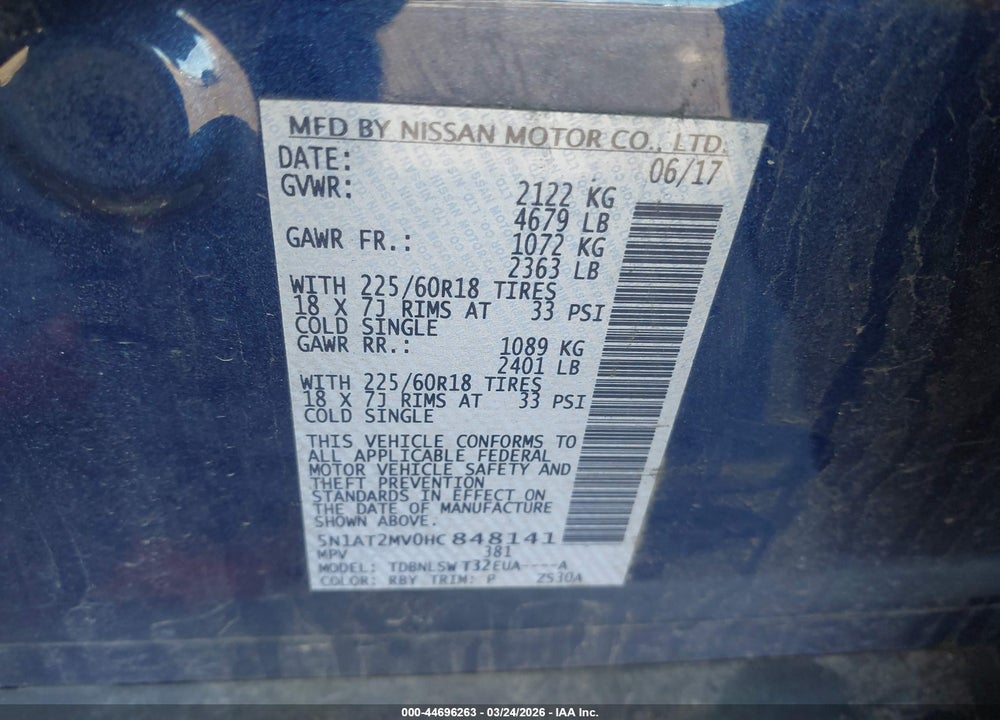 2017 NISSAN ROGUE SL VIN: 5N1AT2MV0HC848141