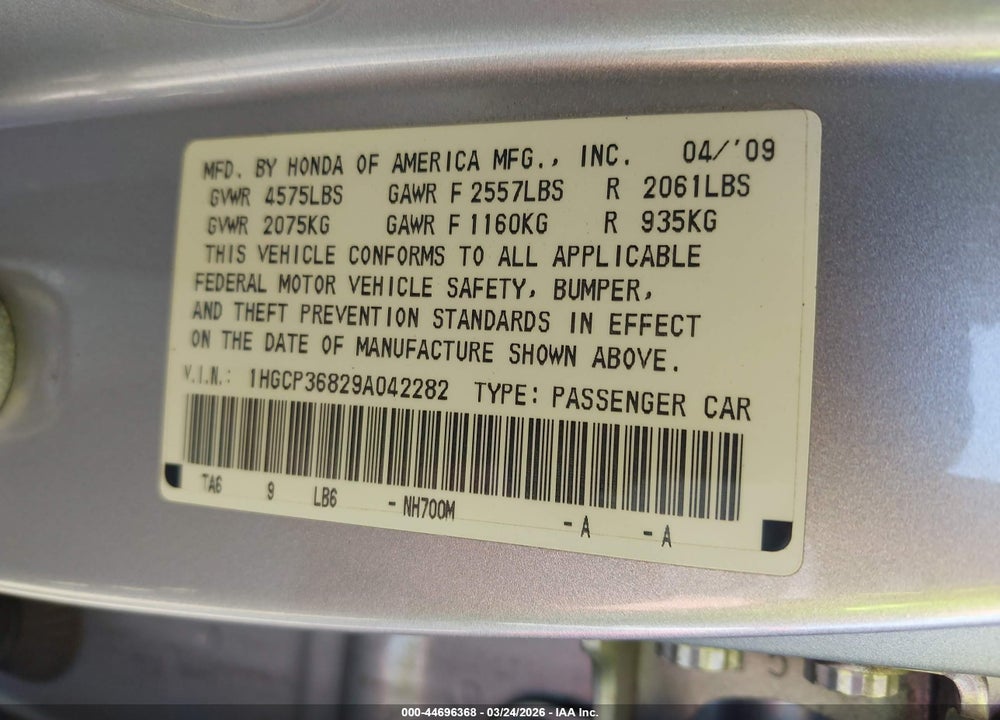 2009 HONDA ACCORD 3.5 EX-L VIN: 1HGCP36829A042282