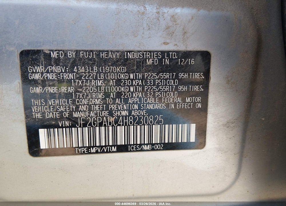 2017 SUBARU CROSSTREK 2.0I PREMIUM VIN: JF2GPABC4H8230825