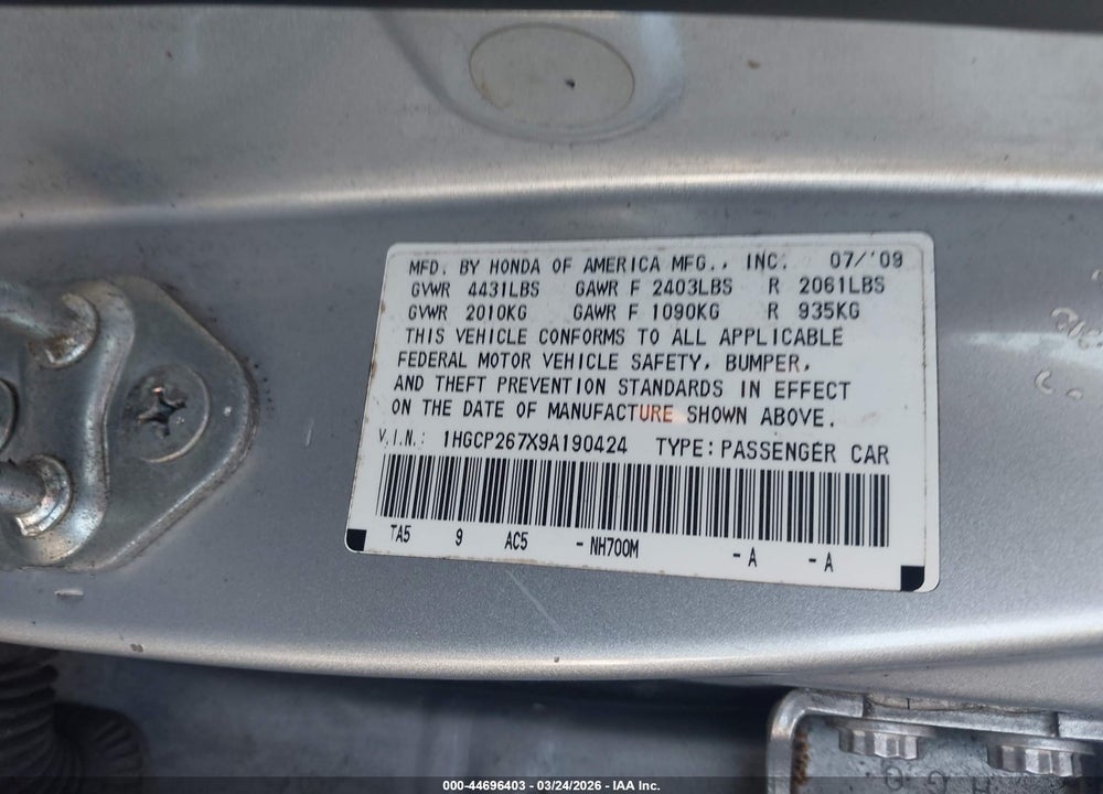 2009 HONDA ACCORD 2.4 EX VIN: 1HGCP267X9A190424