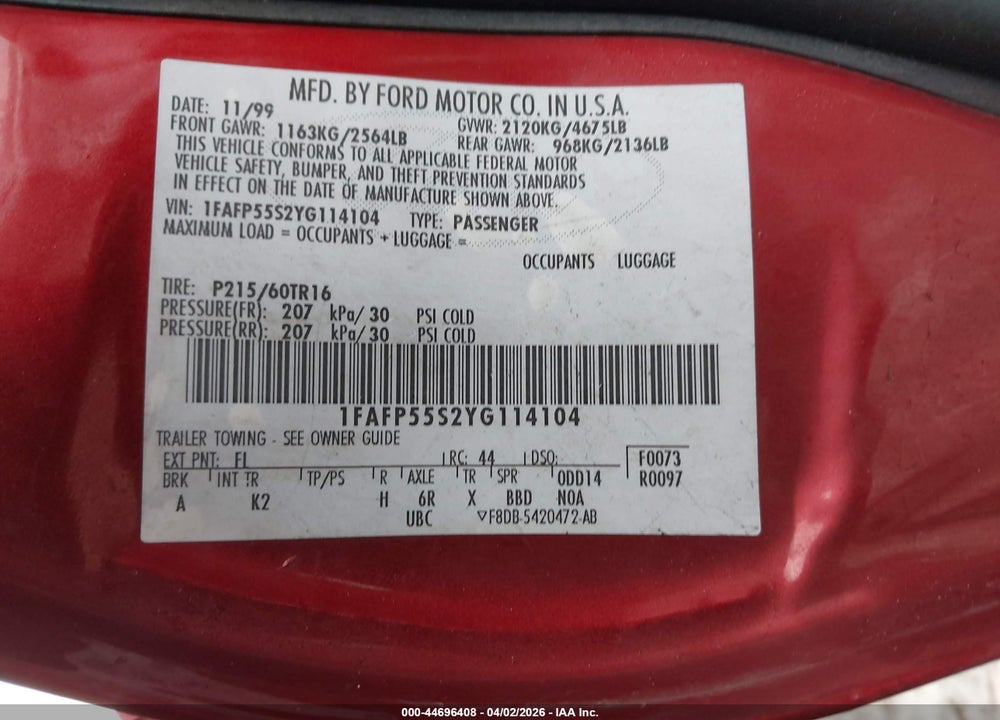 2000 FORD TAURUS SES VIN: 1FAFP55S2YG114104