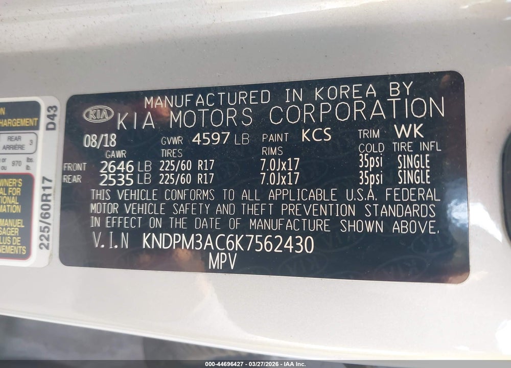 2019 KIA SPORTAGE LX VIN: KNDPM3AC6K7562430