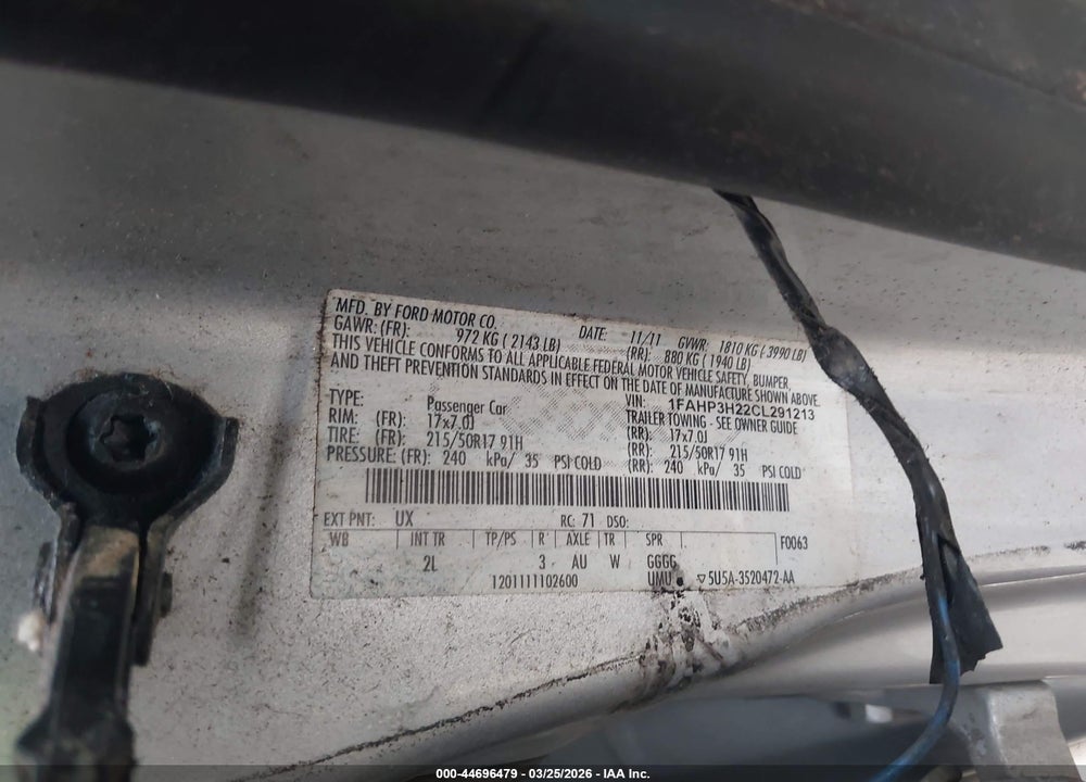 2012 FORD FOCUS SEL VIN: 1FAHP3H22CL291213
