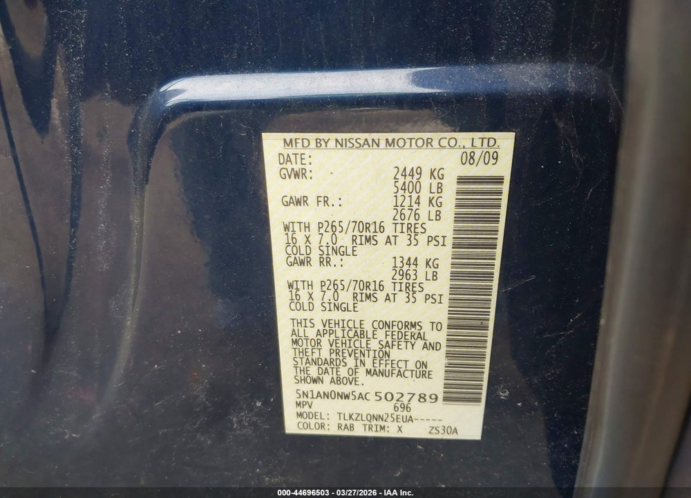 2010 NISSAN XTERRA X VIN: 5N1AN0NW5AC502789