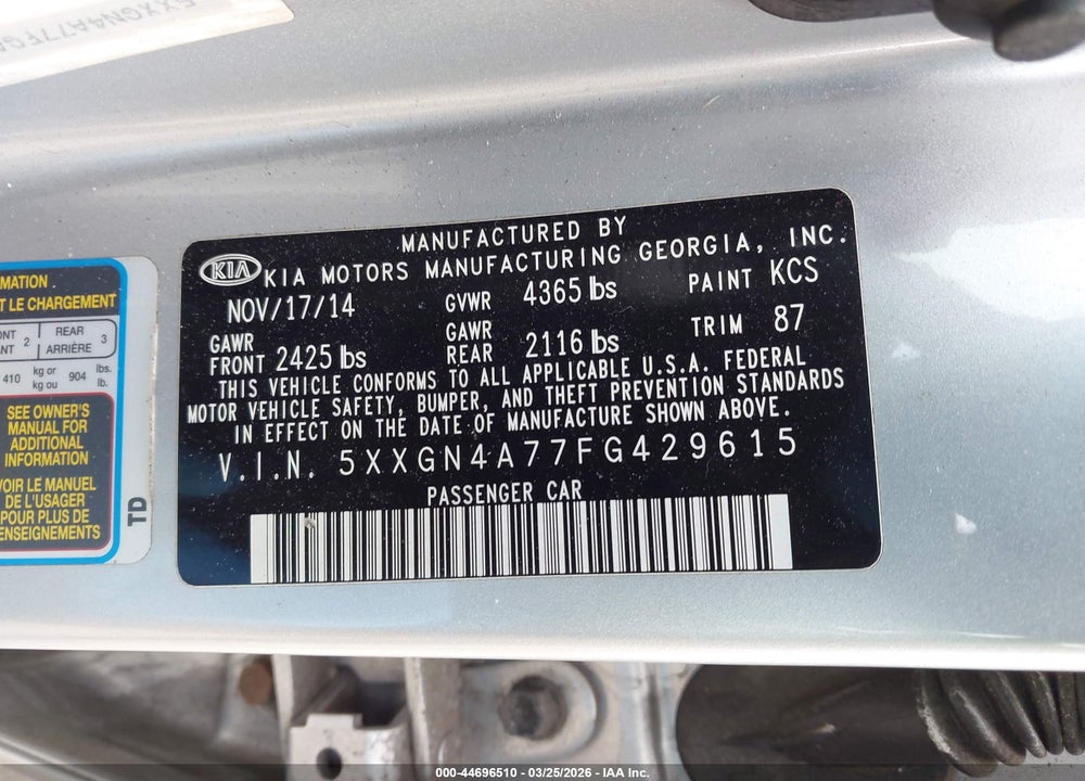 2015 KIA OPTIMA EX VIN: 5XXGN4A77FG429615