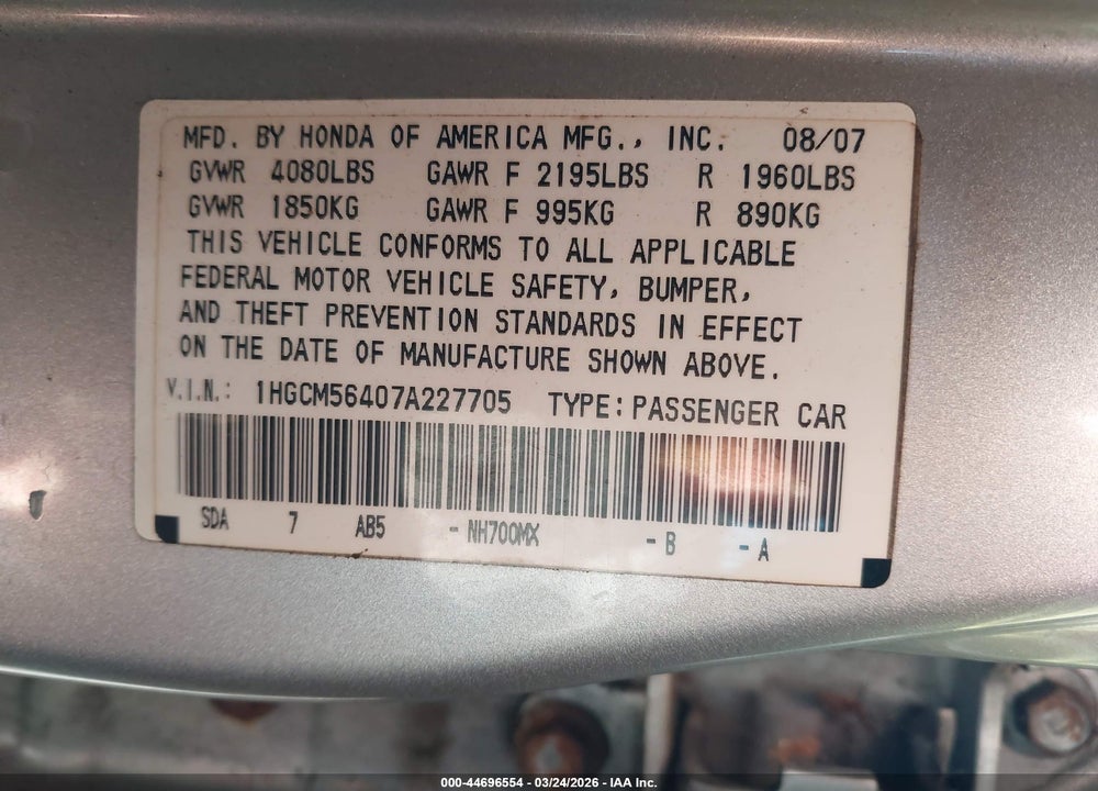 2007 HONDA ACCORD 2.4 LX VIN: 1HGCM56407A227705