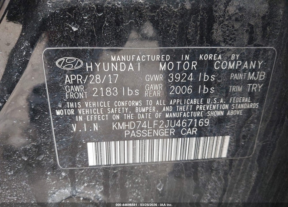 2018 HYUNDAI ELANTRA SE VIN: KMHD74LF2JU467169