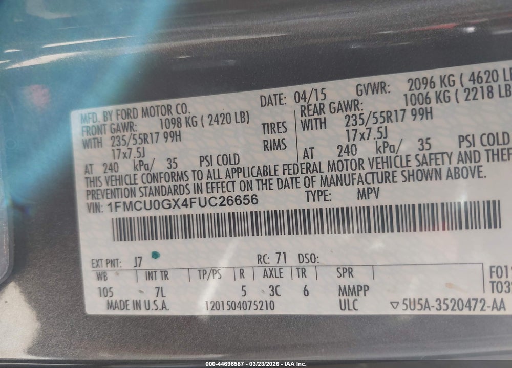 2015 FORD ESCAPE SE VIN: 1FMCU0GX4FUC26656