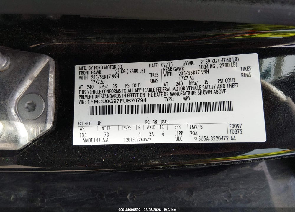2015 FORD ESCAPE SE VIN: 1FMCU0G97FUB70794