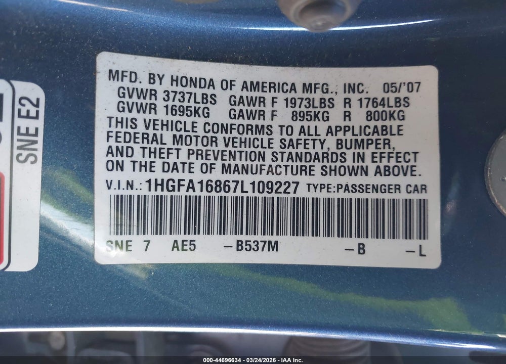2007 HONDA CIVIC EX VIN: 1HGFA16867L109227