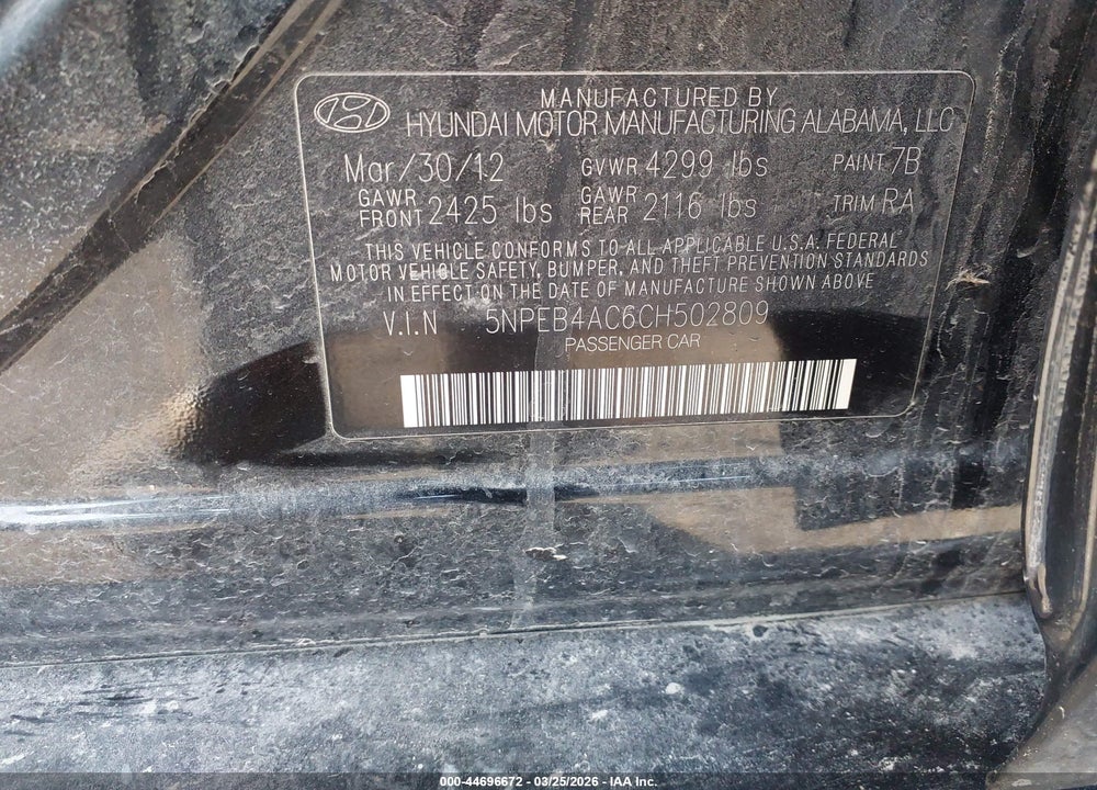 2012 HYUNDAI SONATA GLS VIN: 5NPEB4AC6CH502809