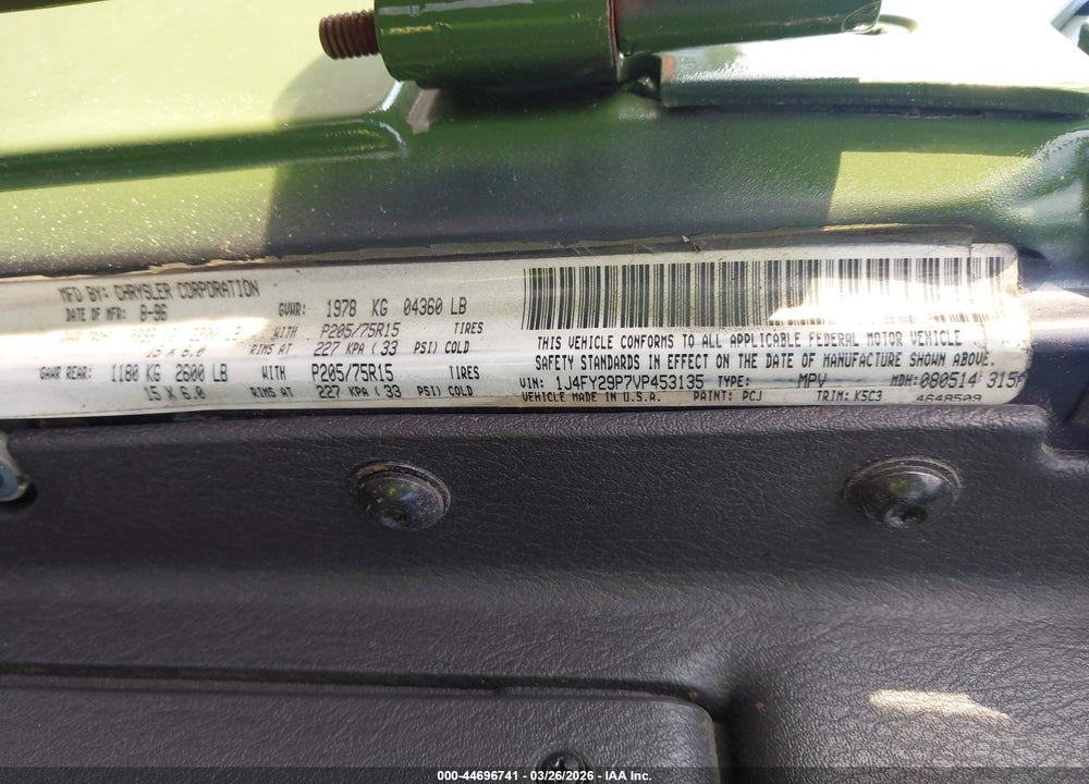 1997 JEEP WRANGLER SE VIN: 1J4FY29P7VP453135