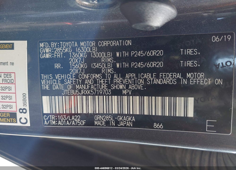 2019 TOYOTA 4RUNNER LIMITED VIN: JTEBU5JRXK5719703
