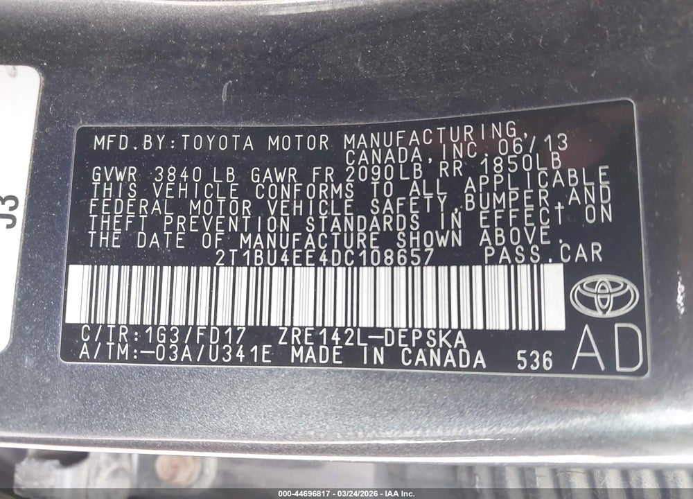 2013 TOYOTA COROLLA S VIN: 2T1BU4EE4DC108657