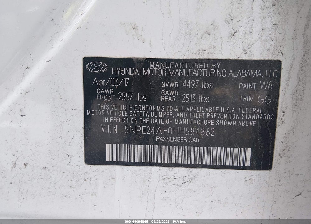 2017 HYUNDAI SONATA VIN: 5NPE24AF0HH584862