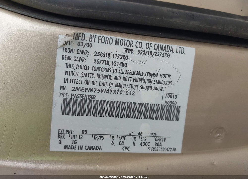 2000 MERCURY GRAND MARQUIS LS VIN: 2MEFM75W4YX701043