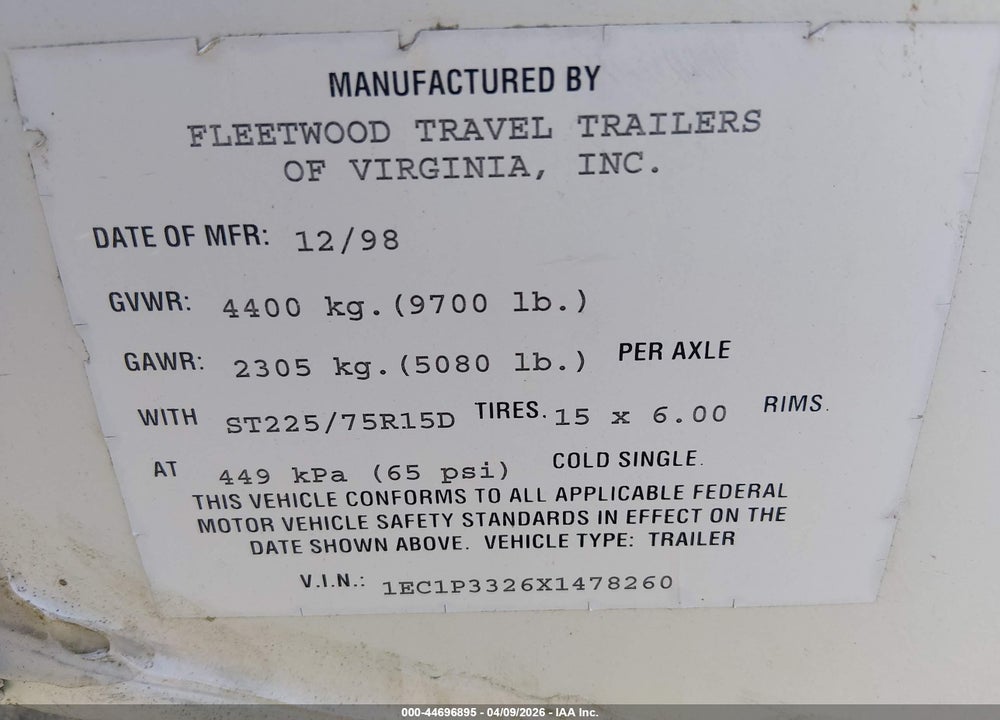 1999 FLEETWOOD PROWLER VIN: 1EC1P3326X1478260