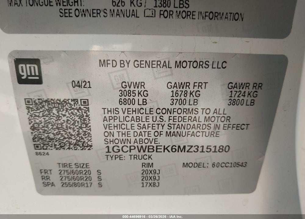 2021 CHEVROLET SILVERADO 1500 2WD  SHORT BED CUSTOM VIN: 1GCPWBEK6MZ315180