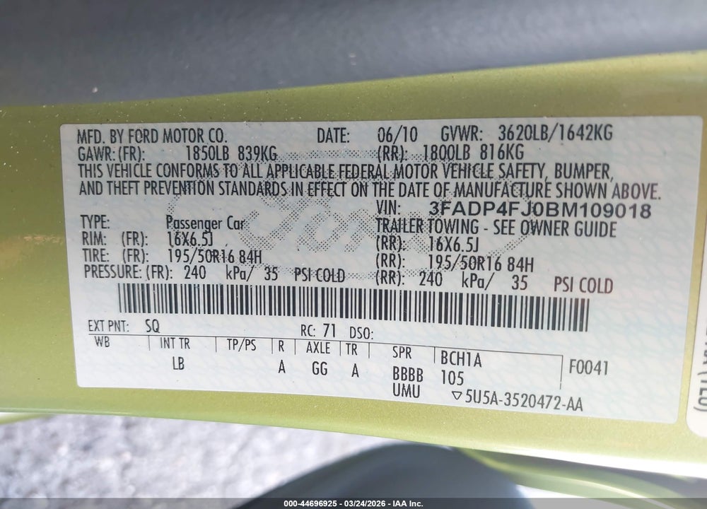 2011 FORD FIESTA SES VIN: 3FADP4FJ0BM109018