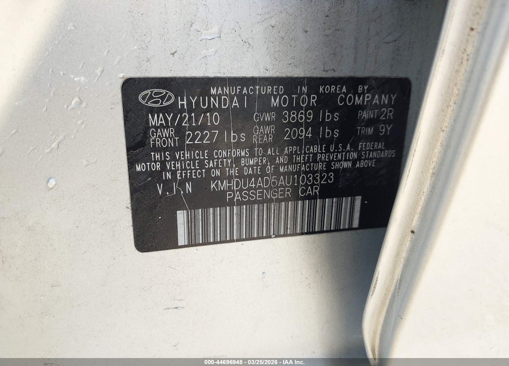 2010 HYUNDAI ELANTRA GLS VIN: KMHDU4AD5AU103323