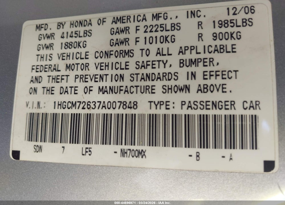 2007 HONDA ACCORD 2.4 EX VIN: 1HGCM72637A007848