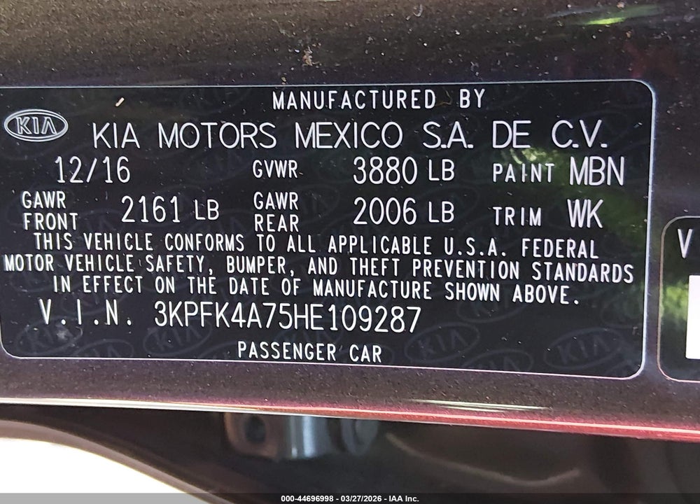 2017 KIA FORTE LX VIN: 3KPFK4A75HE109287
