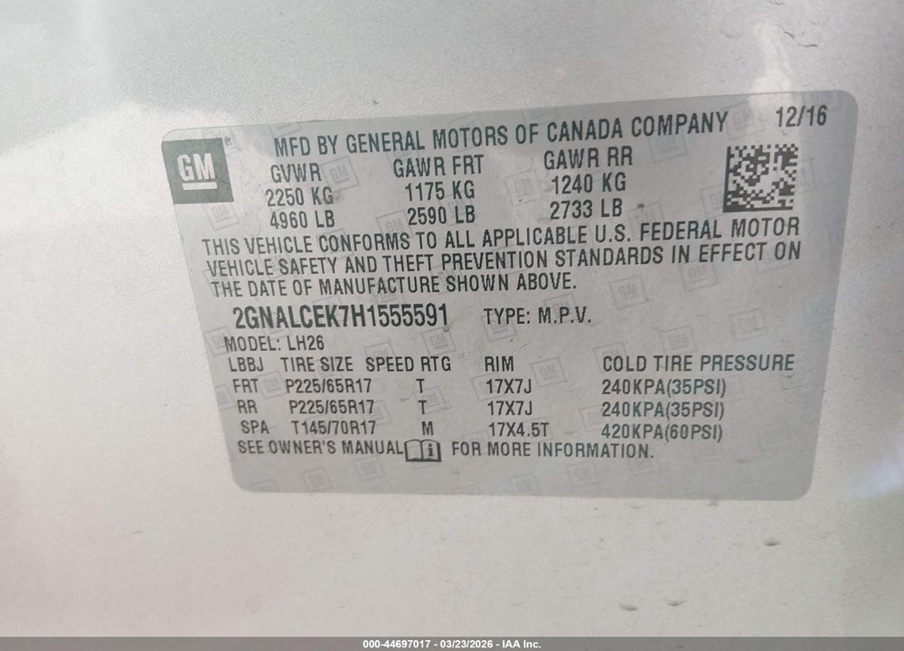 2017 CHEVROLET EQUINOX LT VIN: 2GNALCEK7H1555591