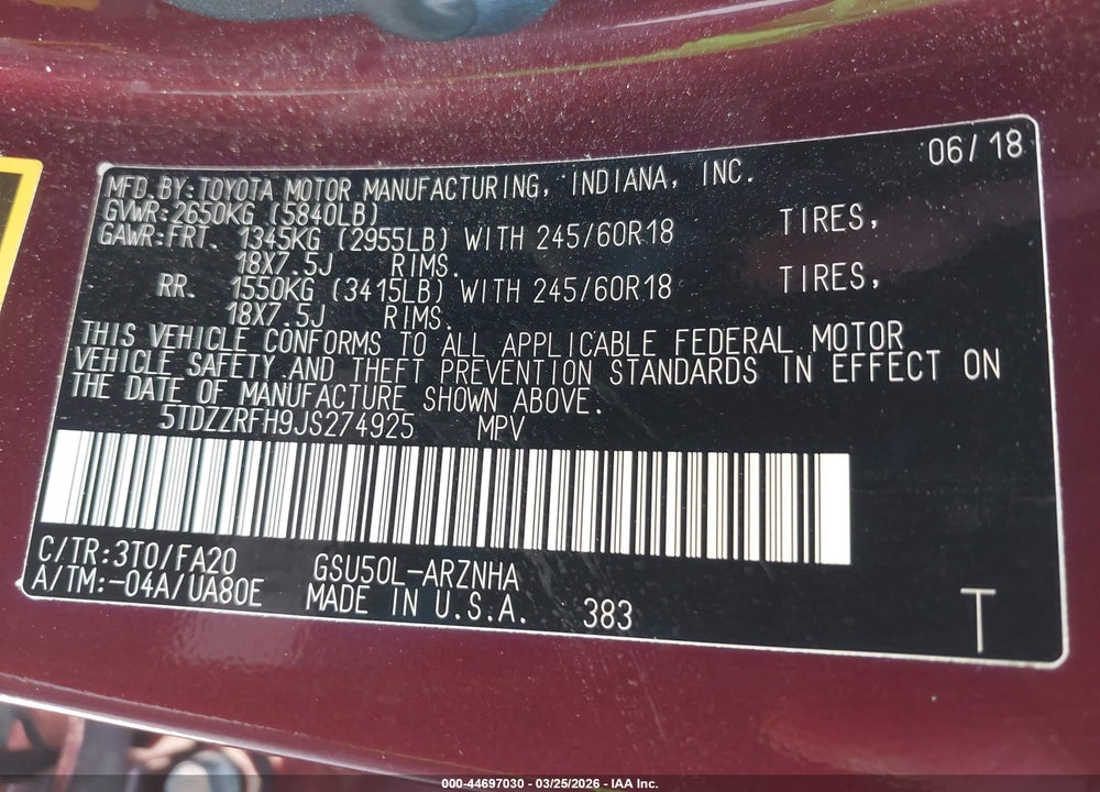 2018 TOYOTA HIGHLANDER LE PLUS VIN: 5TDZZRFH9JS274925