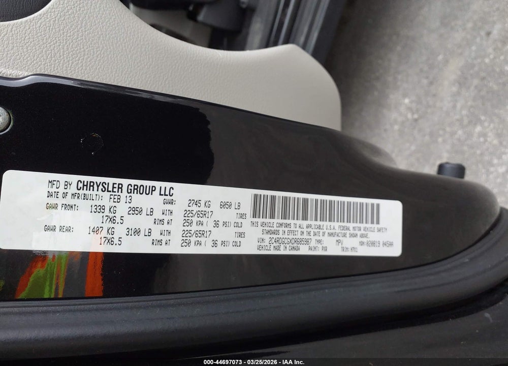 2013 DODGE GRAND CARAVAN SXT VIN: 2C4RDGCGXDR685987