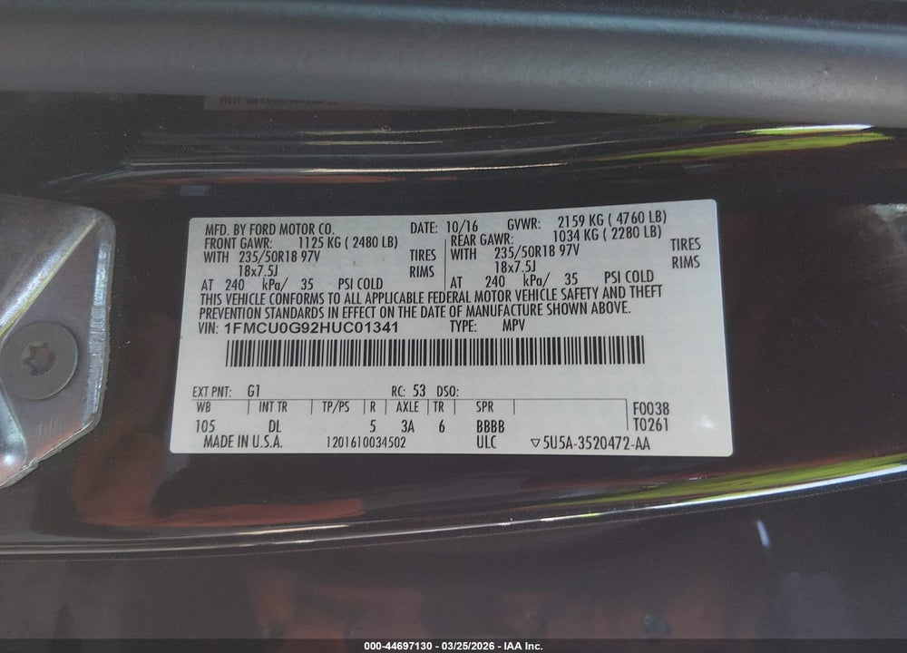 2017 FORD ESCAPE SE VIN: 1FMCU0G92HUC01341