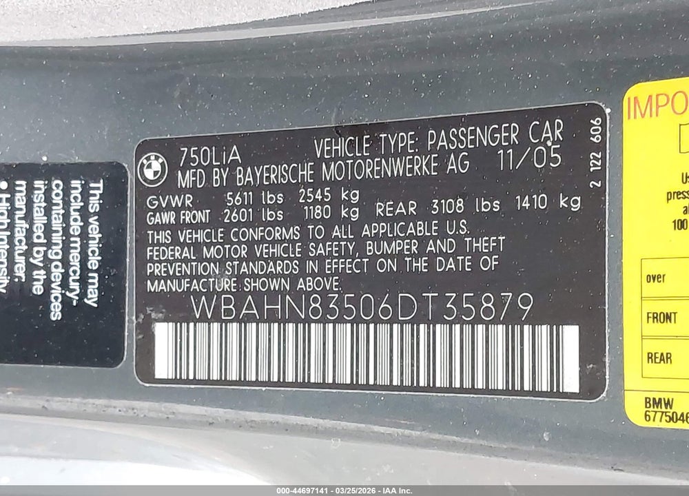 2006 BMW 750LI VIN: WBAHN83506DT35879